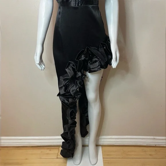 Black satin deep V-neck high low ruffle dress - Picture 4 of 13